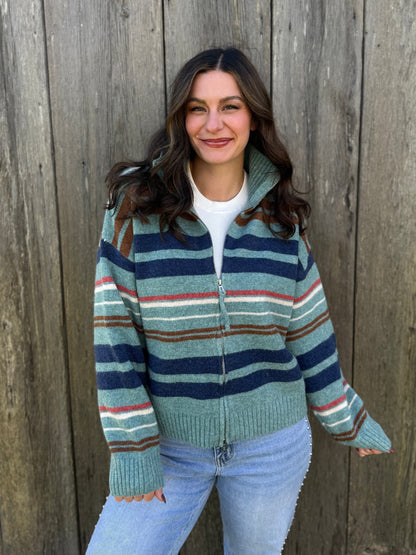 Multi Stripe Zip Up Sweater Turquoise