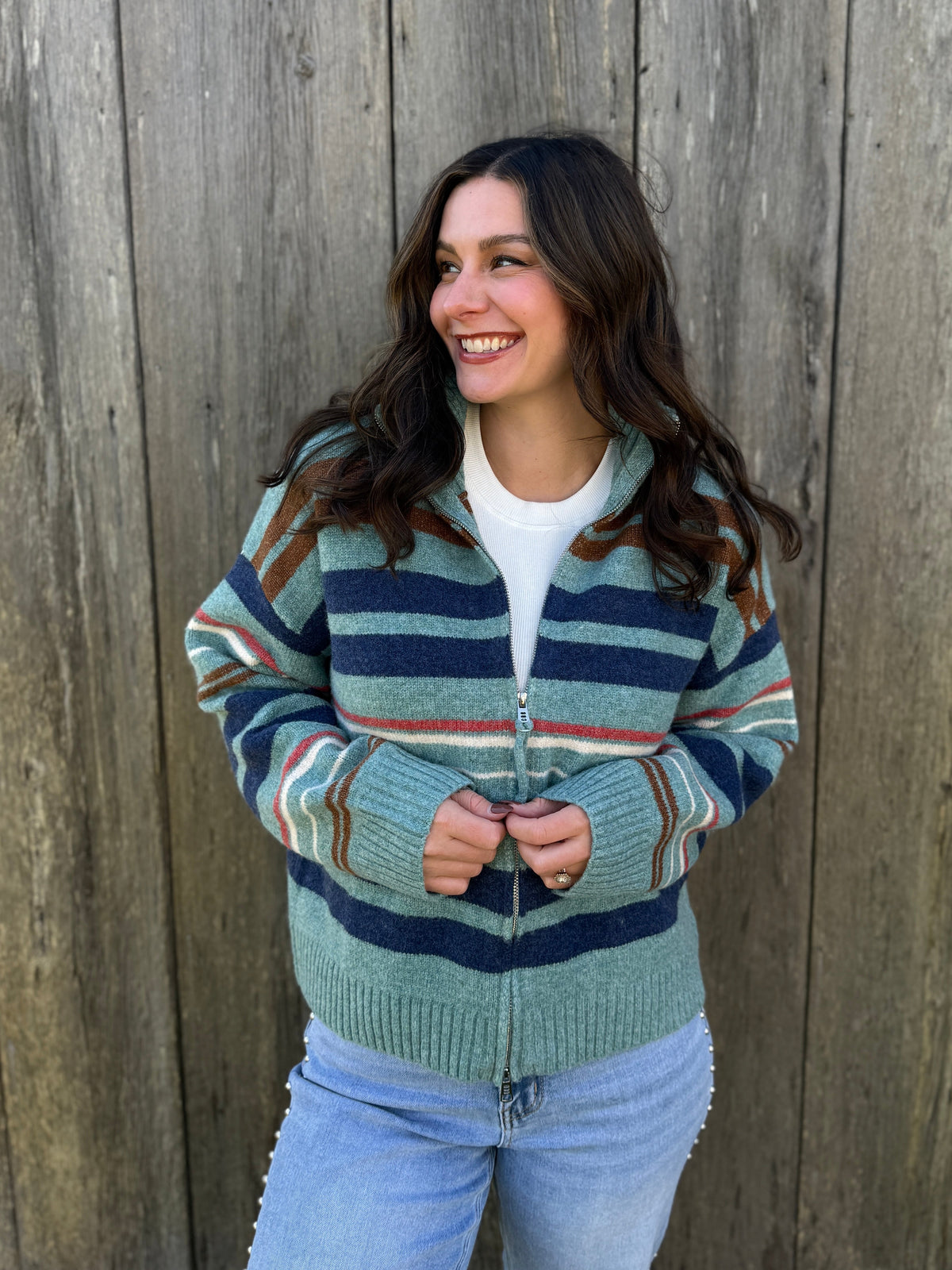Multi Stripe Zip Up Sweater Turquoise
