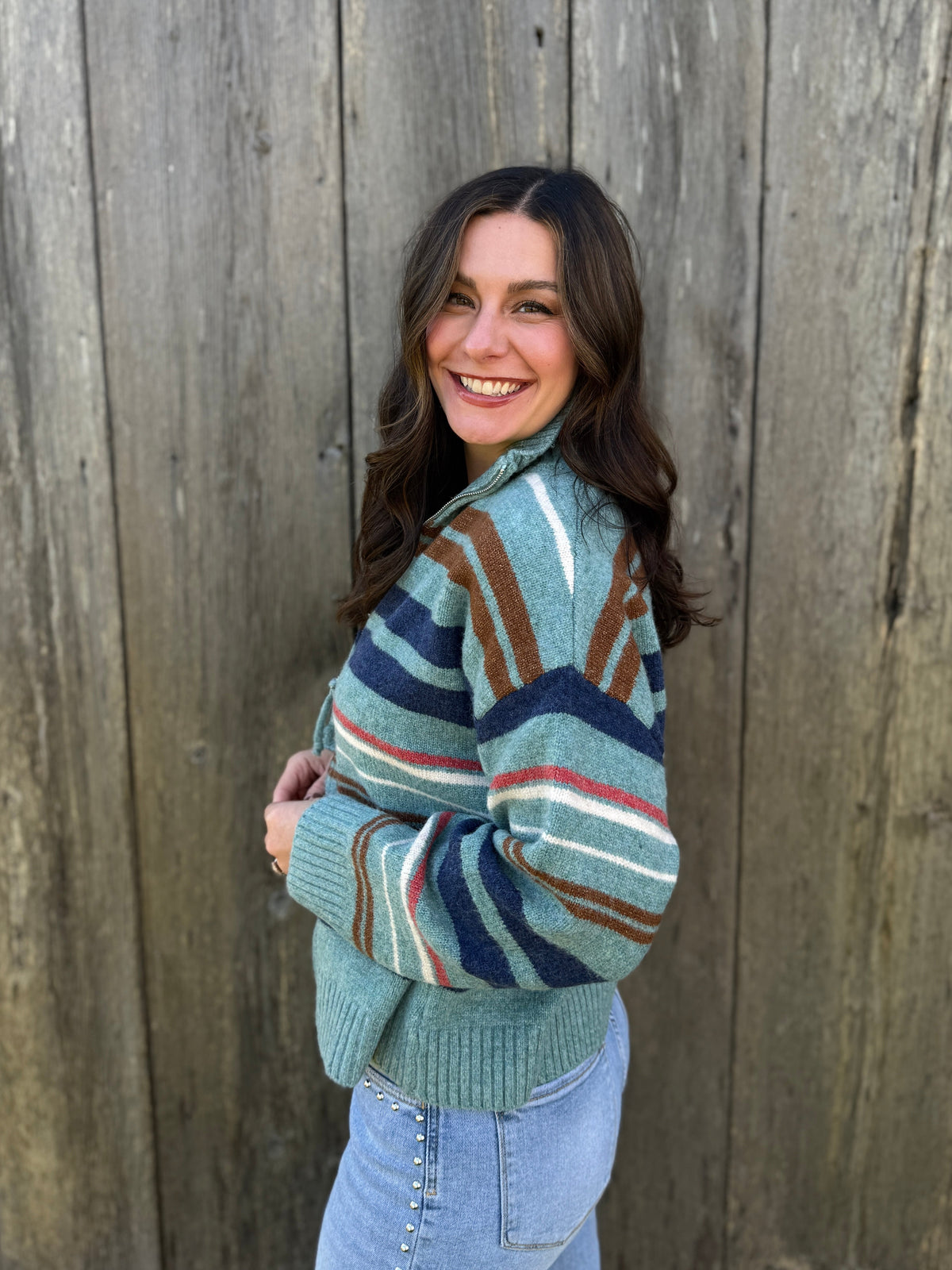 Multi Stripe Zip Up Sweater Turquoise