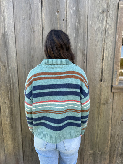 Multi Stripe Zip Up Sweater Turquoise