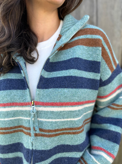 Multi Stripe Zip Up Sweater Turquoise