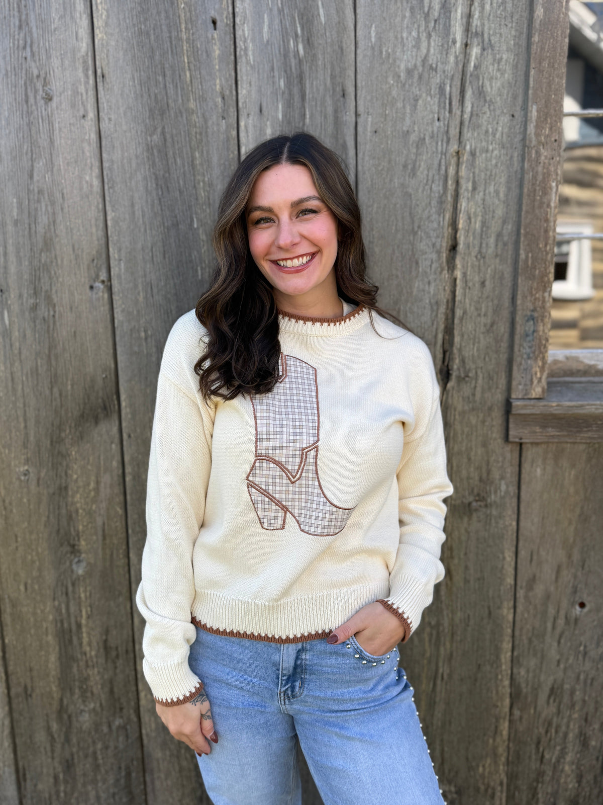 Plaid Cowboy Boot Cotton Sweater Cream