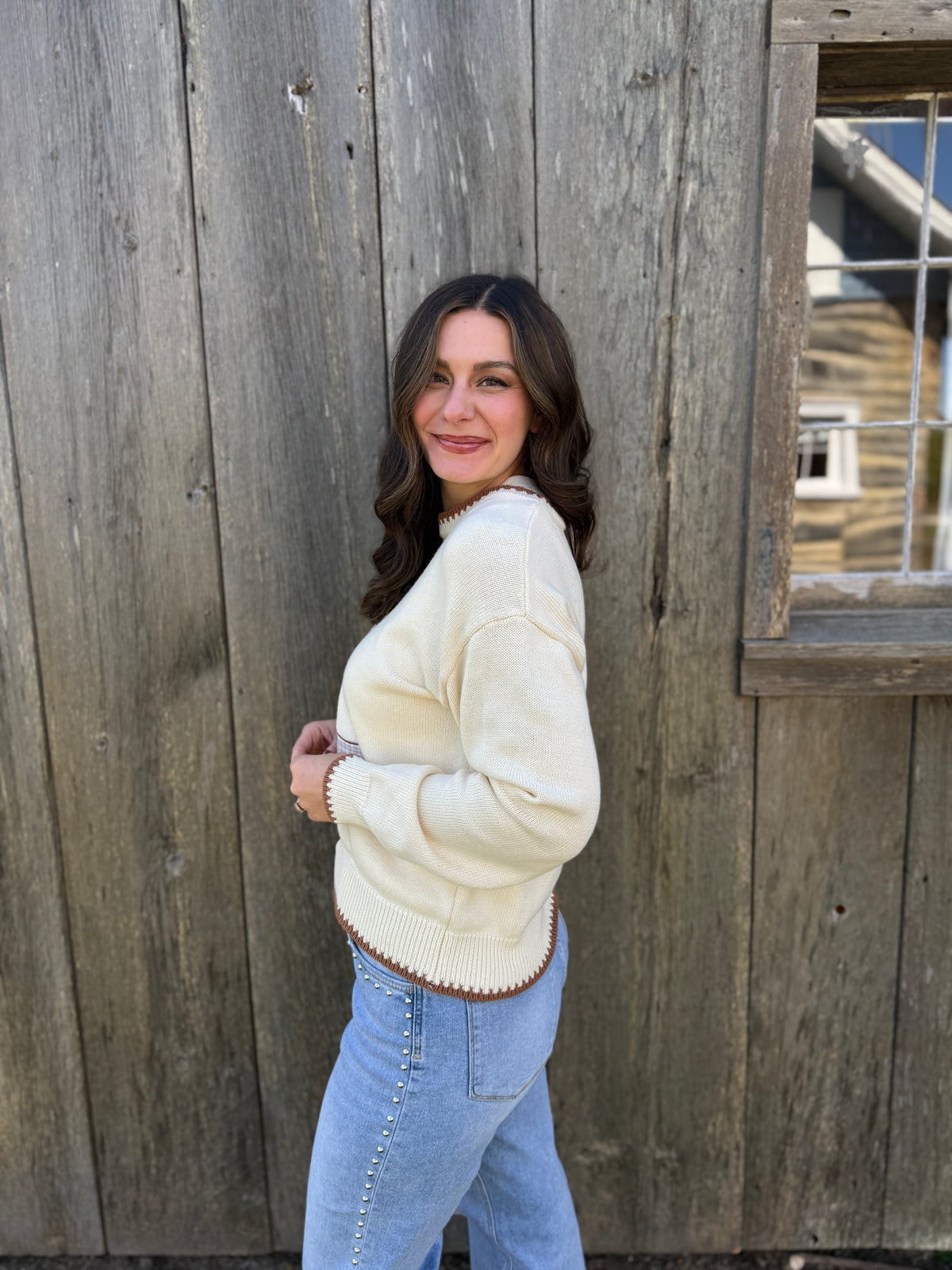 Plaid Cowboy Boot Cotton Sweater Cream