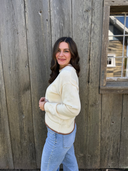 Plaid Cowboy Boot Cotton Sweater Cream