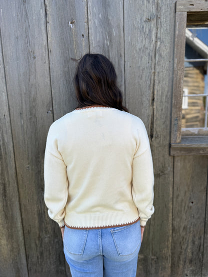 Plaid Cowboy Boot Cotton Sweater Cream