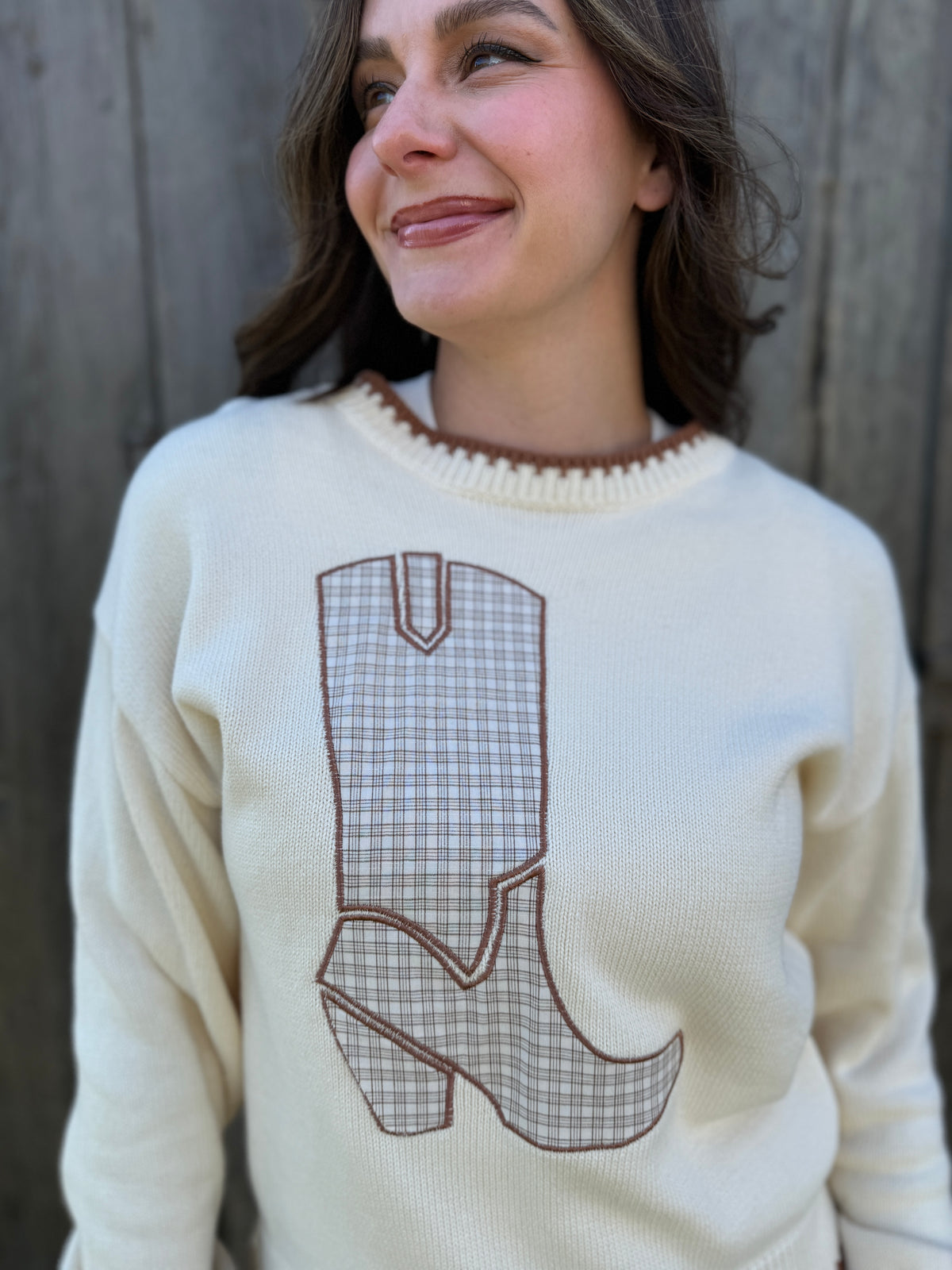 Plaid Cowboy Boot Cotton Sweater Cream
