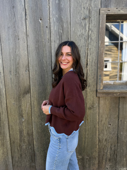 Contrast Scallop Hem Sweater Brown