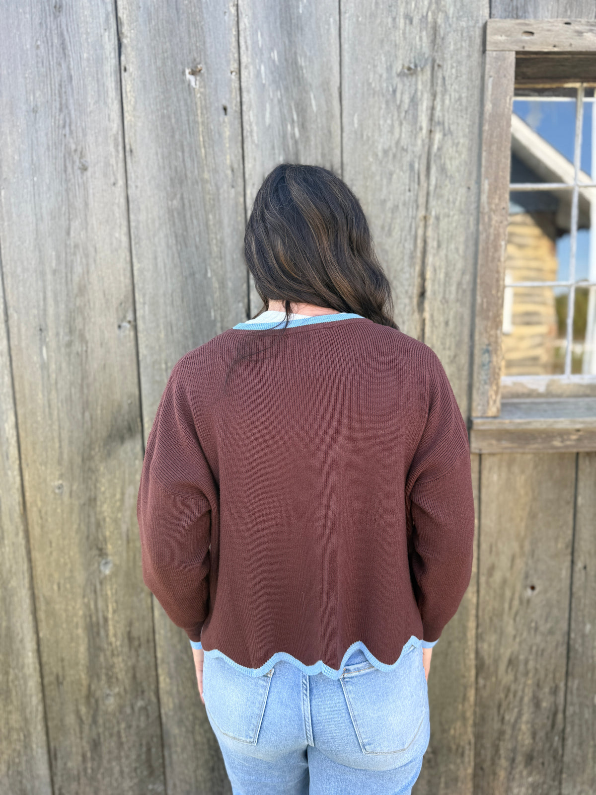 Contrast Scallop Hem Sweater Brown