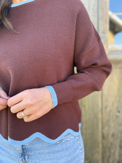 Contrast Scallop Hem Sweater Brown