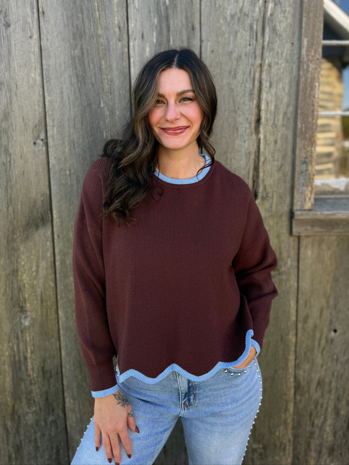 Contrast Scallop Hem Sweater Brown