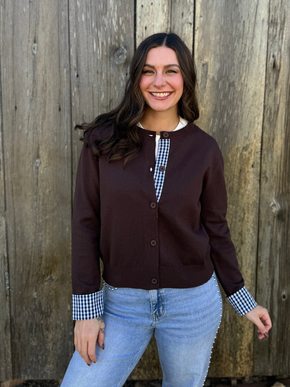 Gingham Detail Cardigan Brown