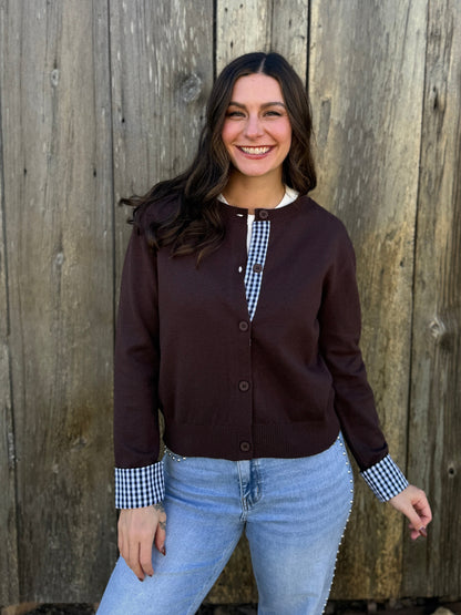 Gingham Detail Cardigan Brown