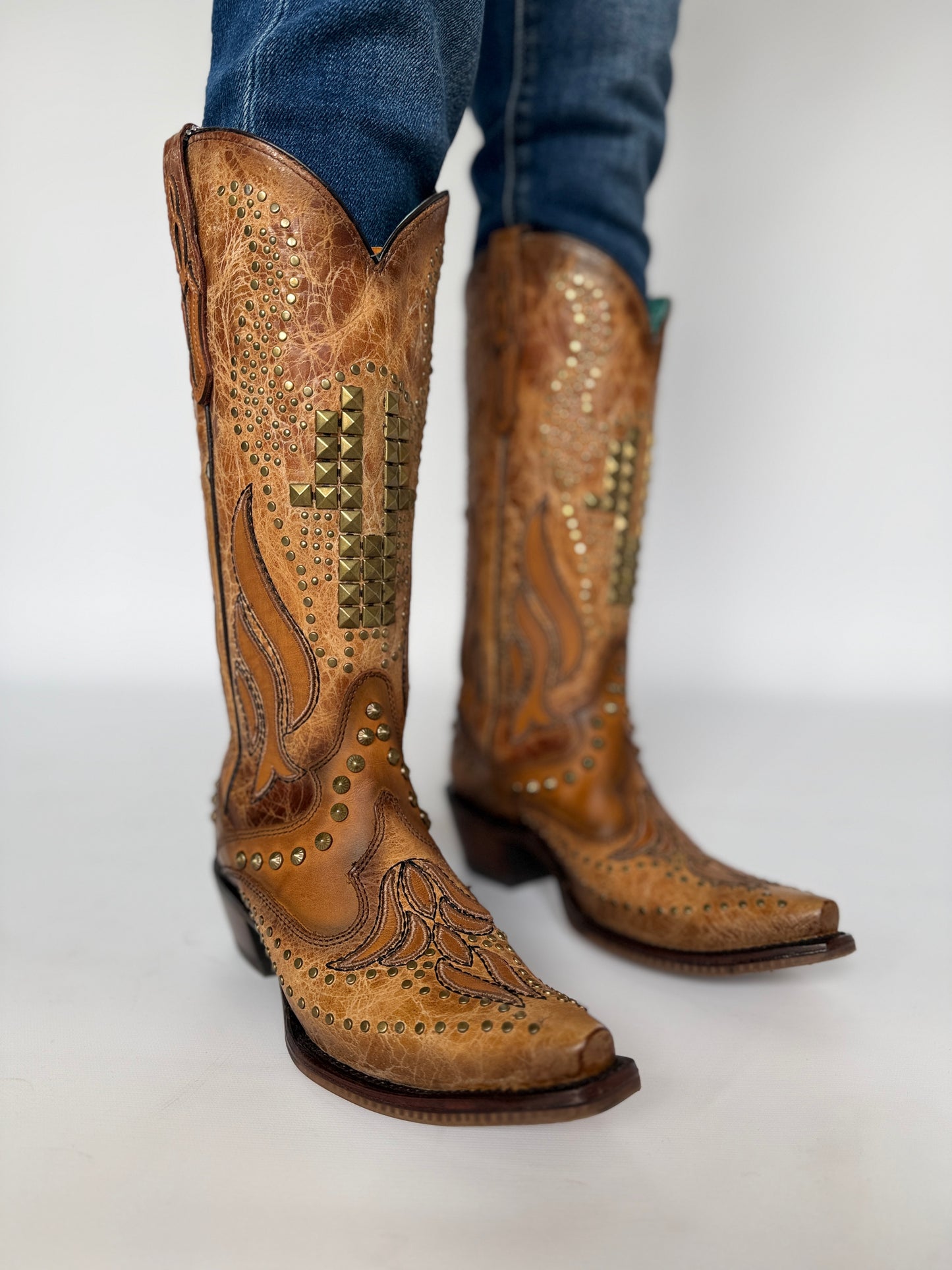 Embroidered Studded Overlay Boot Sand