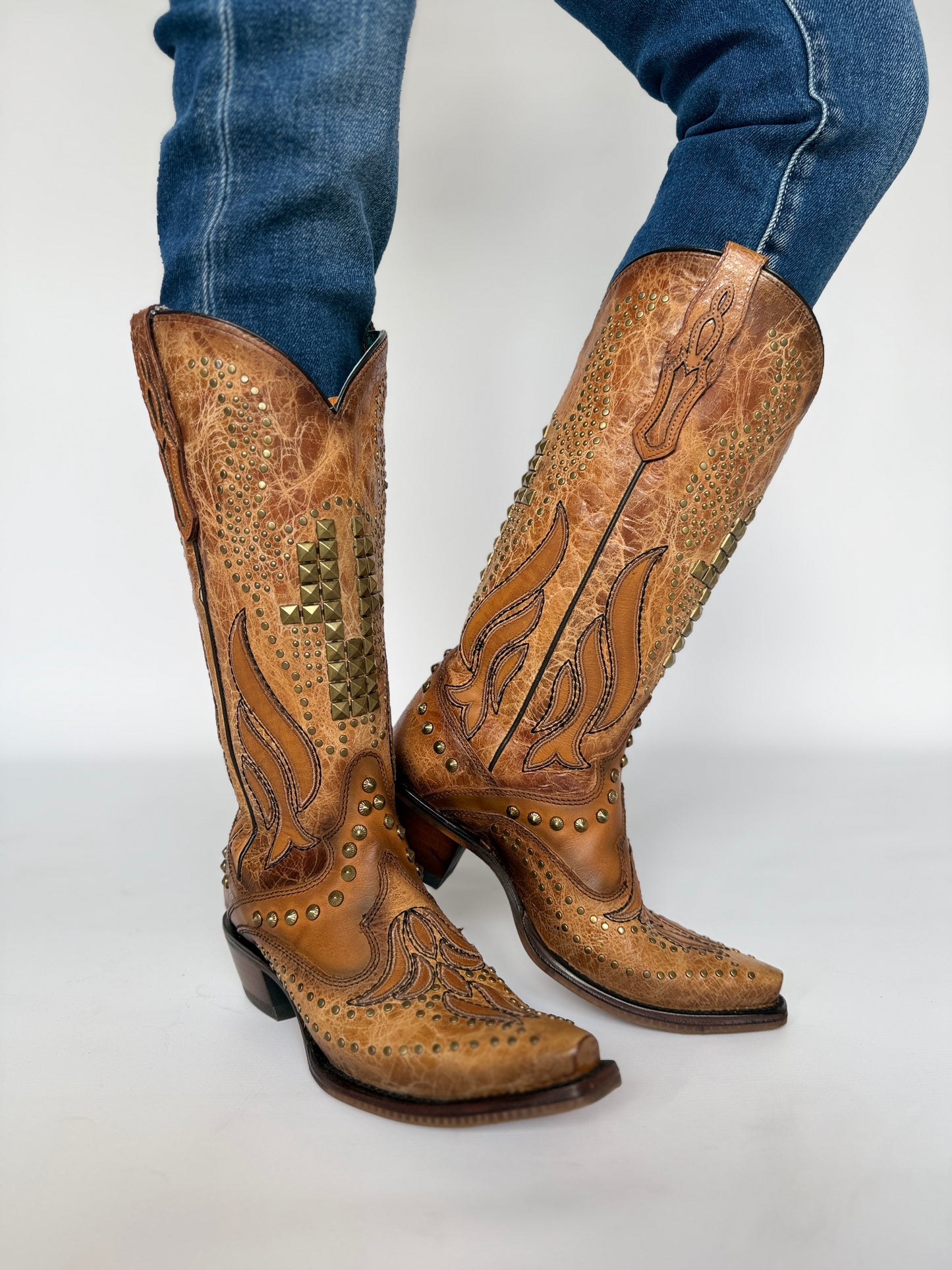 Embroidered Studded Overlay Boot Sand