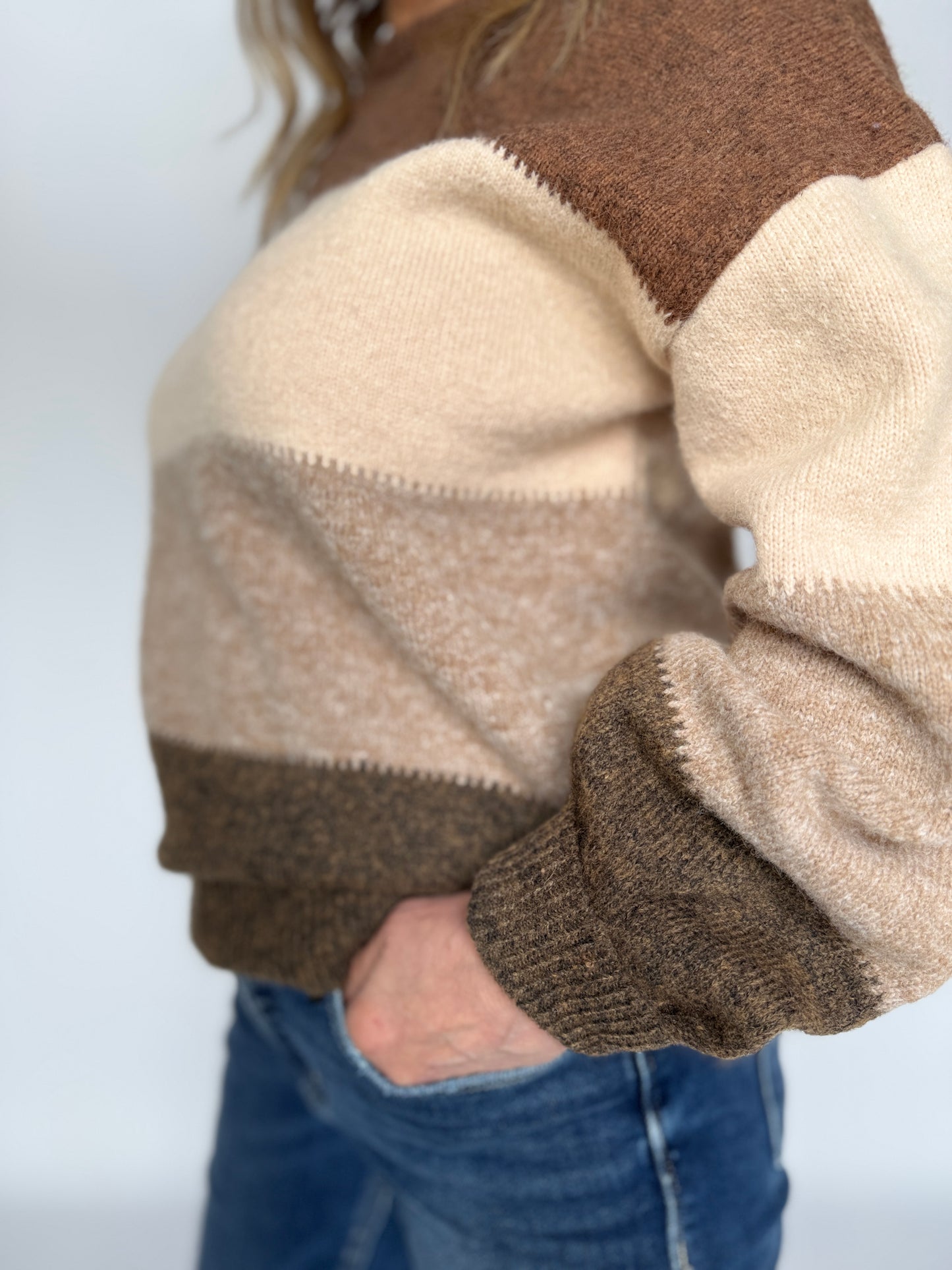 Close-up of a person wearing a brown and beige sweater with a white background