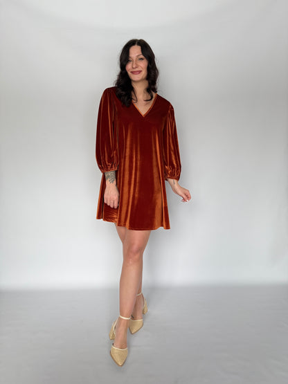 Woman wearing a brown velvet dress on a plain background