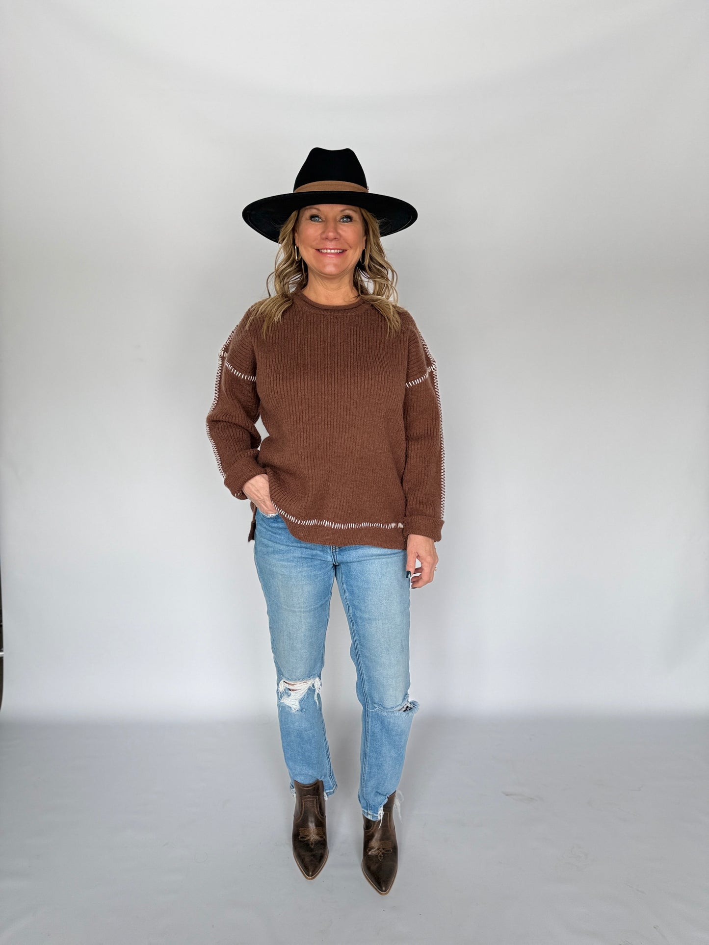 Contrast Exposed Seam Sweater Brown