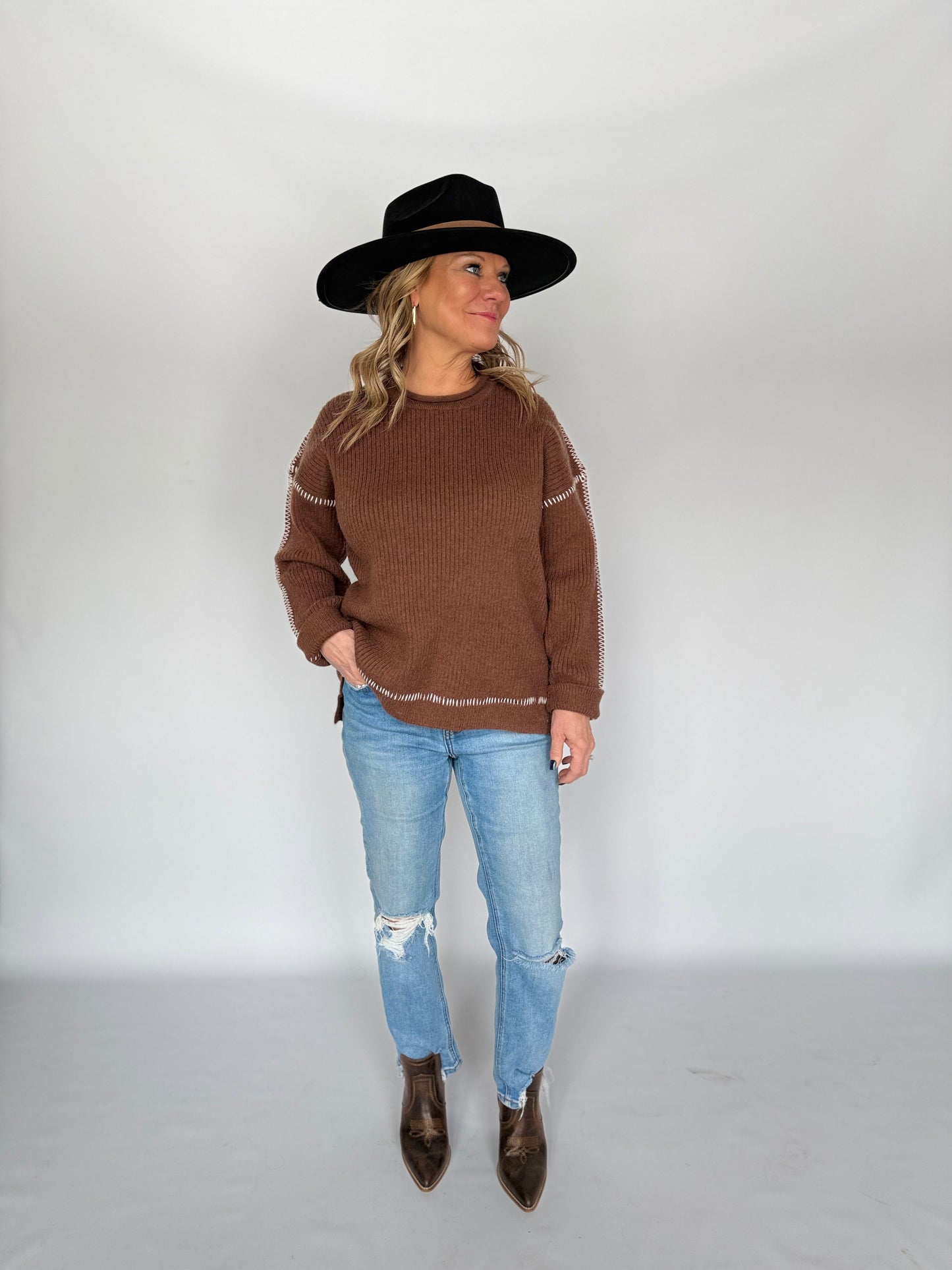 Contrast Exposed Seam Sweater Brown