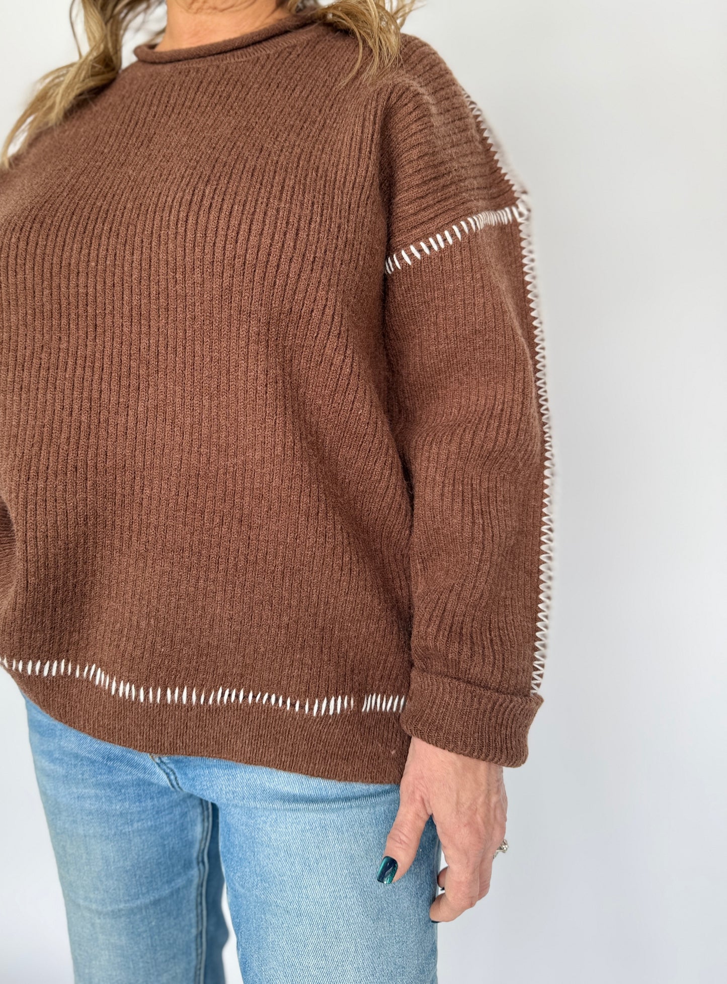 Contrast Exposed Seam Sweater Brown
