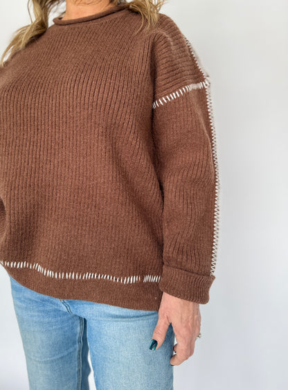 Contrast Exposed Seam Sweater Brown