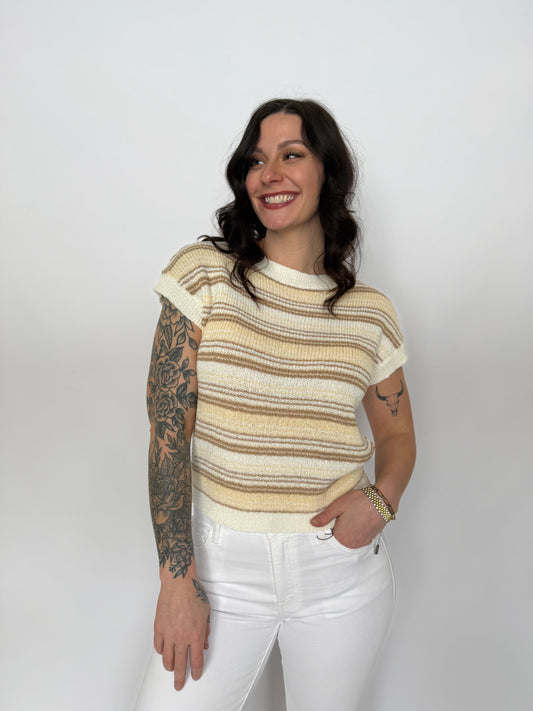 Short Sleeve Stripe Knit Pullover Yellow