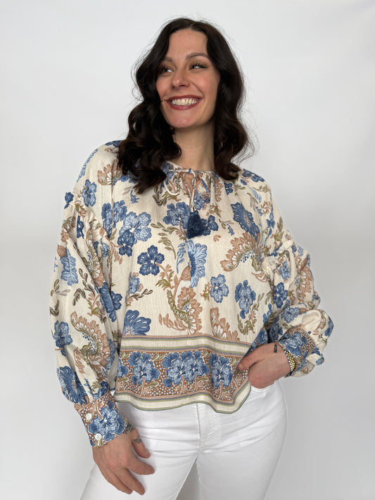 Floral Print Tie Blouse Blue