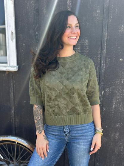 Crochet Knit Boxy Cropped Top Pine