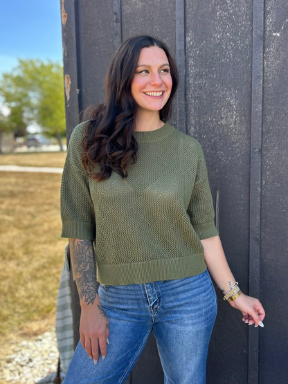 Crochet Knit Boxy Cropped Top Pine