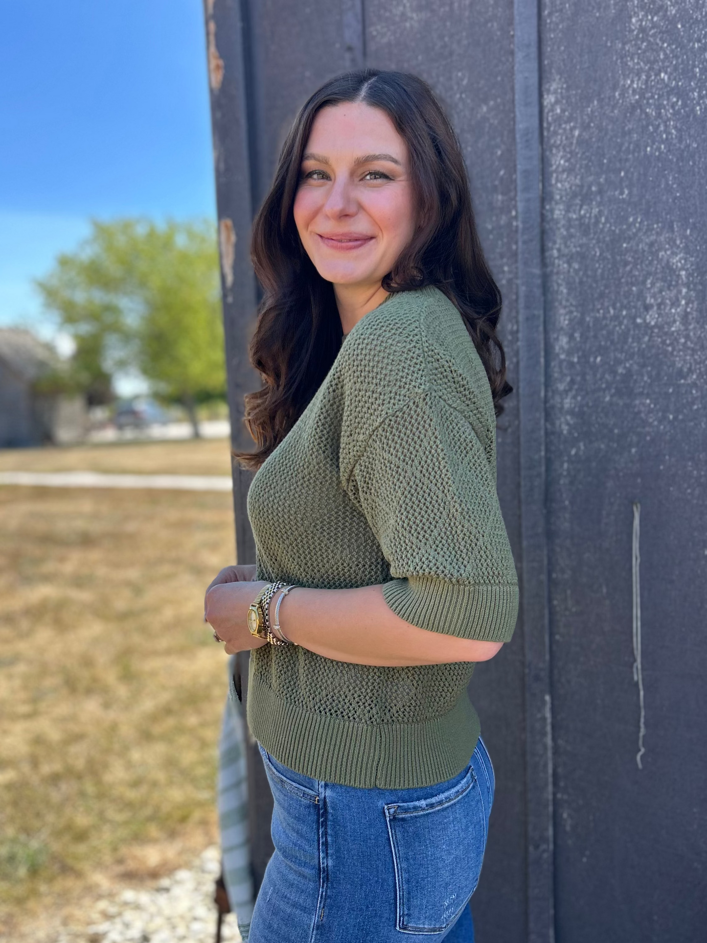 Crochet Knit Boxy Cropped Top Pine