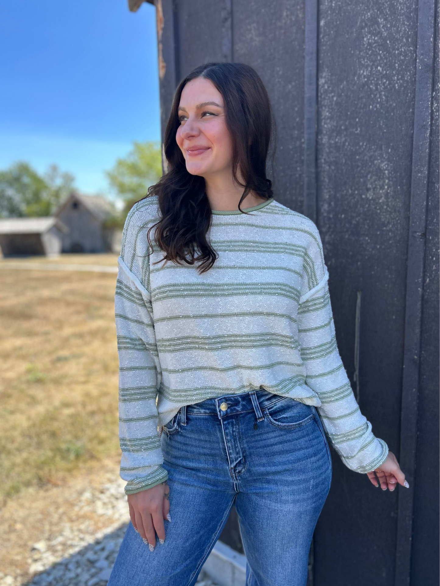 Drop Shoulder Stripe Sweater Lime