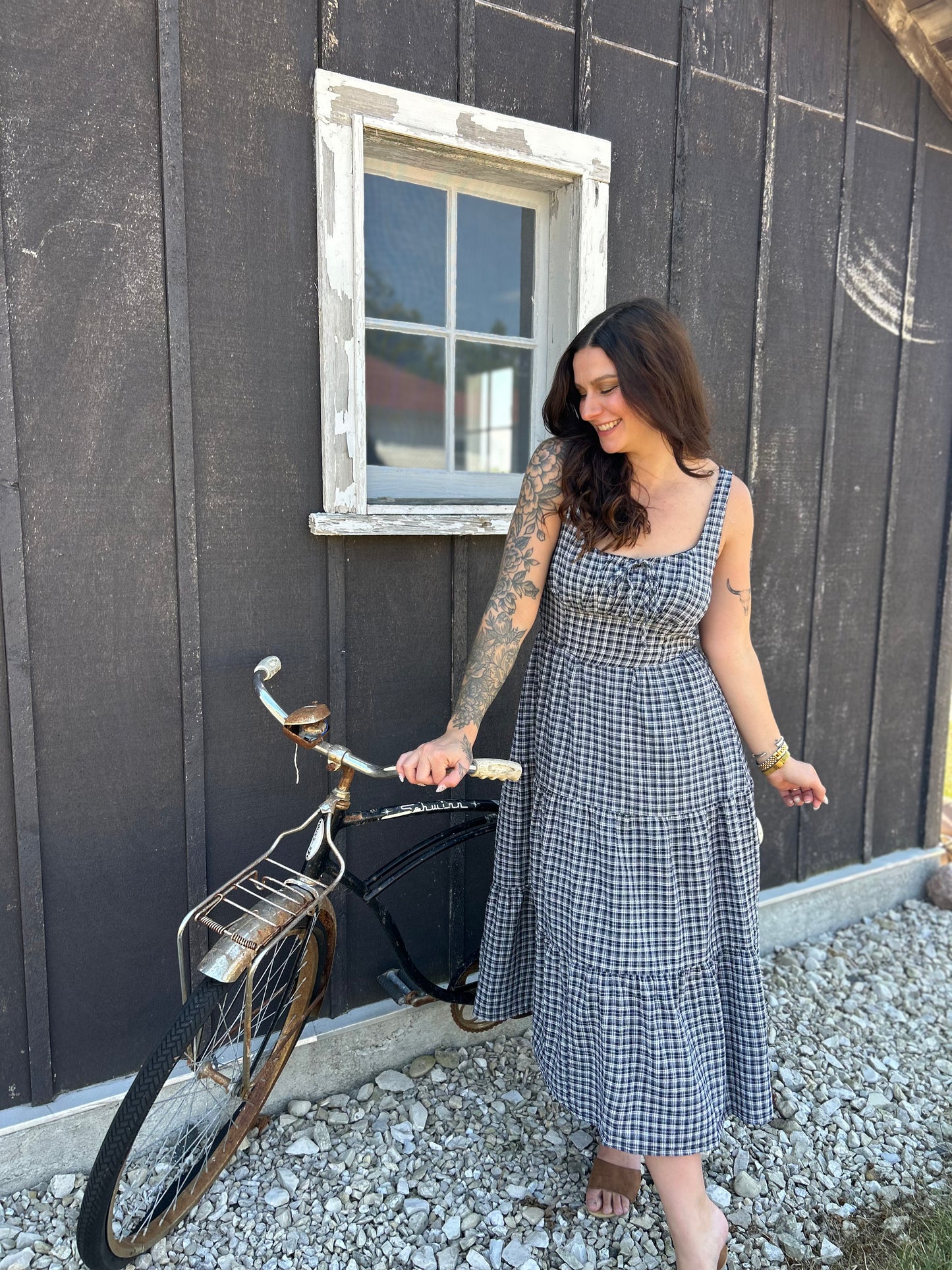 Plaid Tie Corset Midi Dress Navy