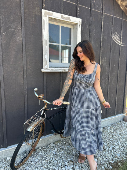 Plaid Tie Corset Midi Dress Navy