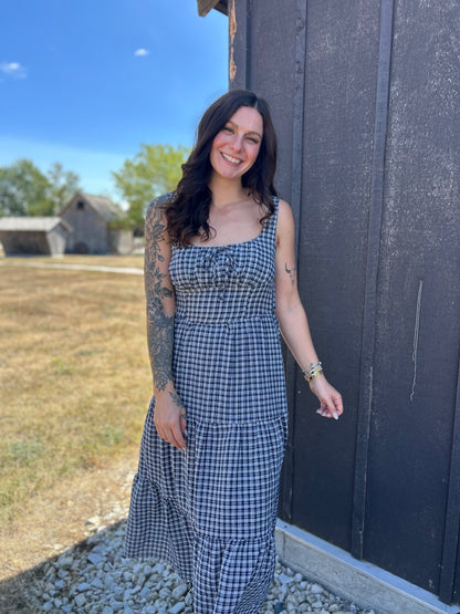 Plaid Tie Corset Midi Dress Navy