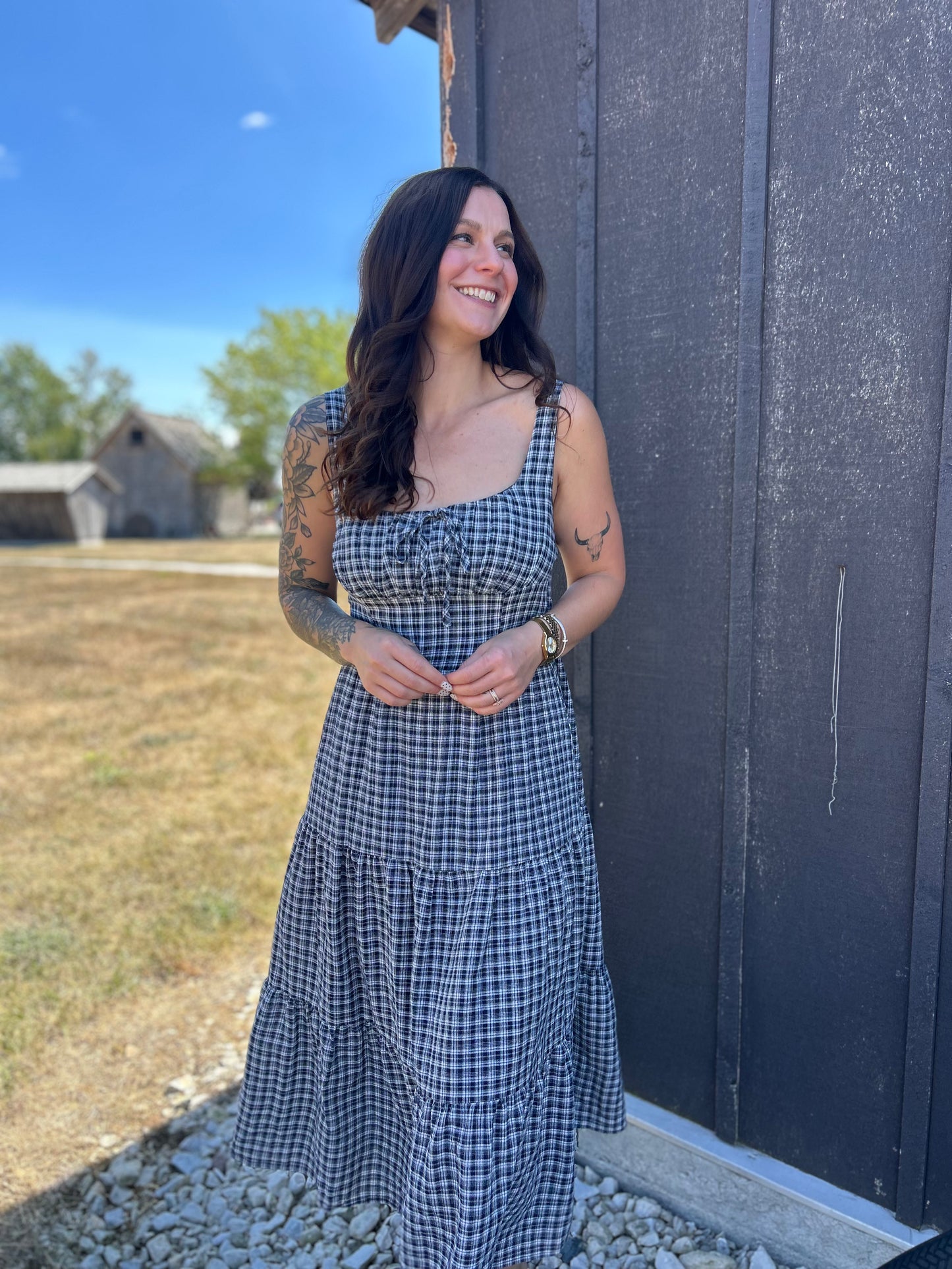 Plaid Tie Corset Midi Dress Navy