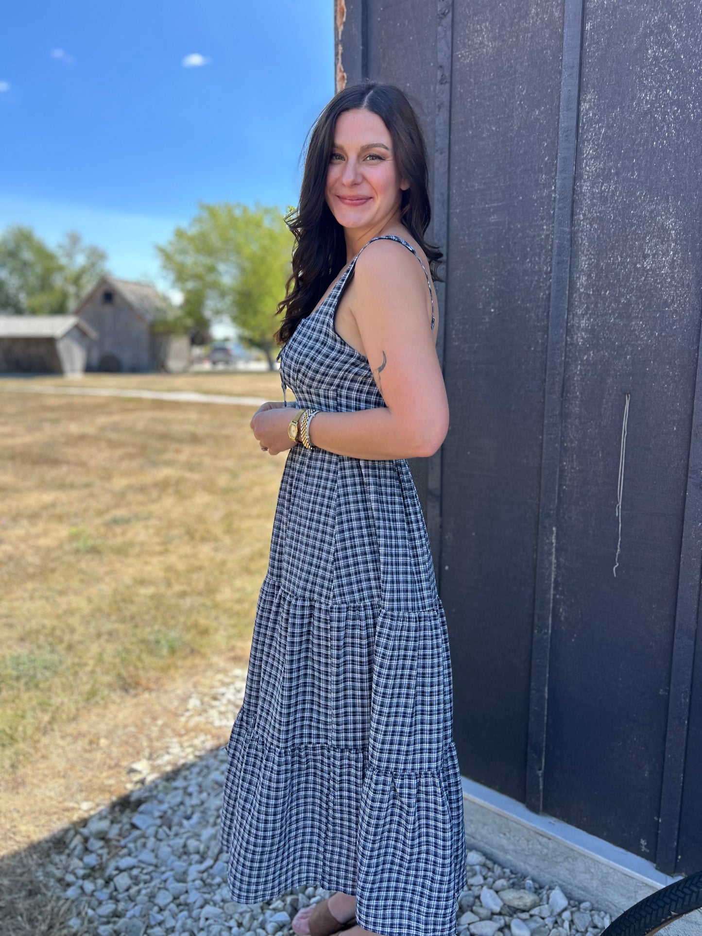 Plaid Tie Corset Midi Dress Navy