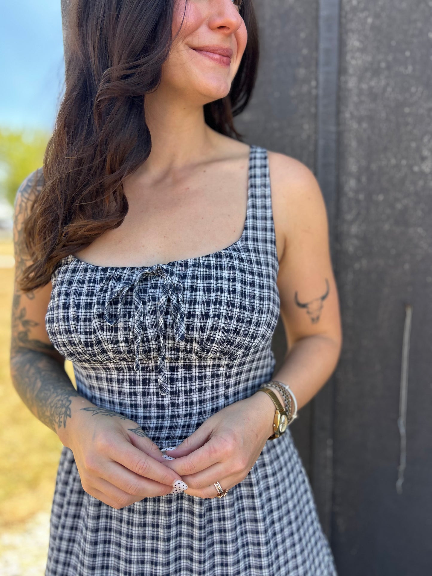 Plaid Tie Corset Midi Dress Navy