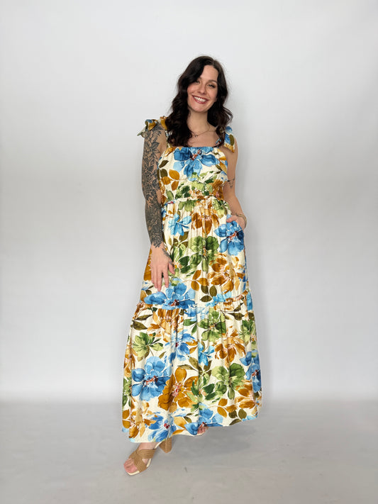 Floral Printed Tie Strap Maxi Dress