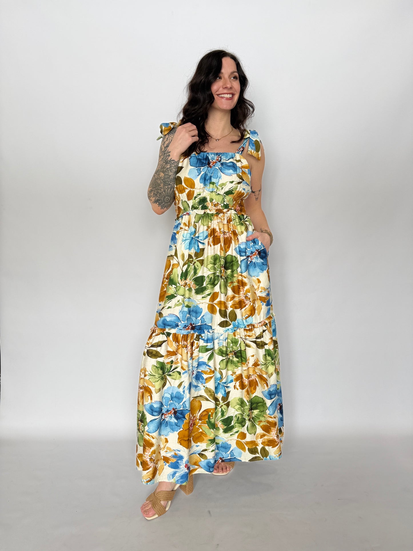 Floral Printed Tie Strap Maxi Dress