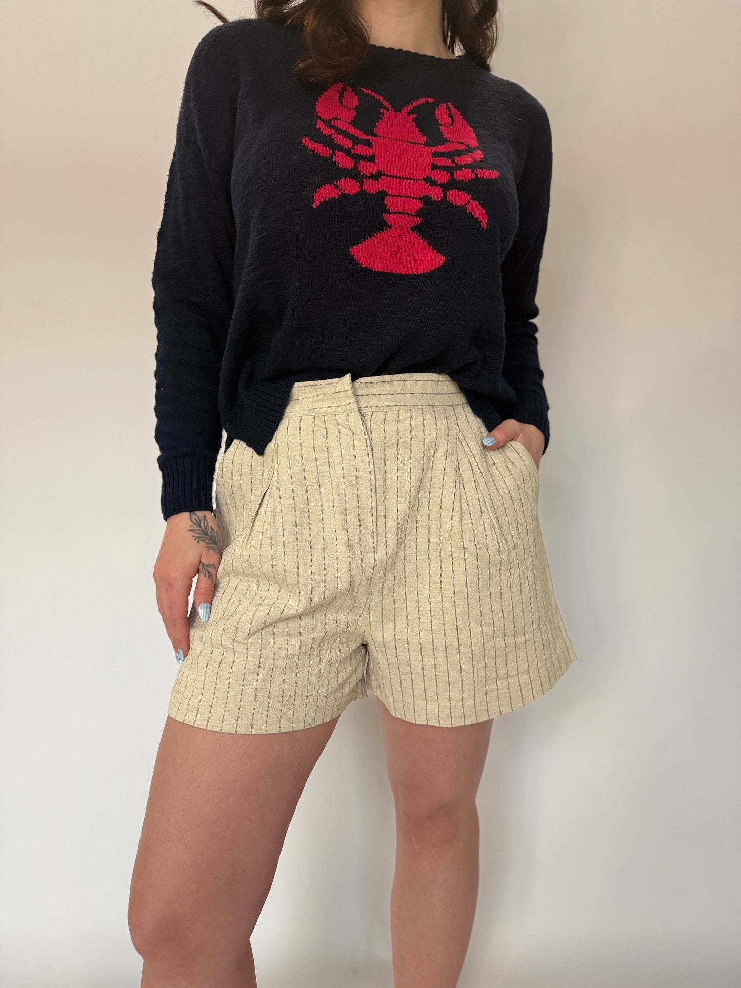Pinstripe Linen Pleat Short Natural