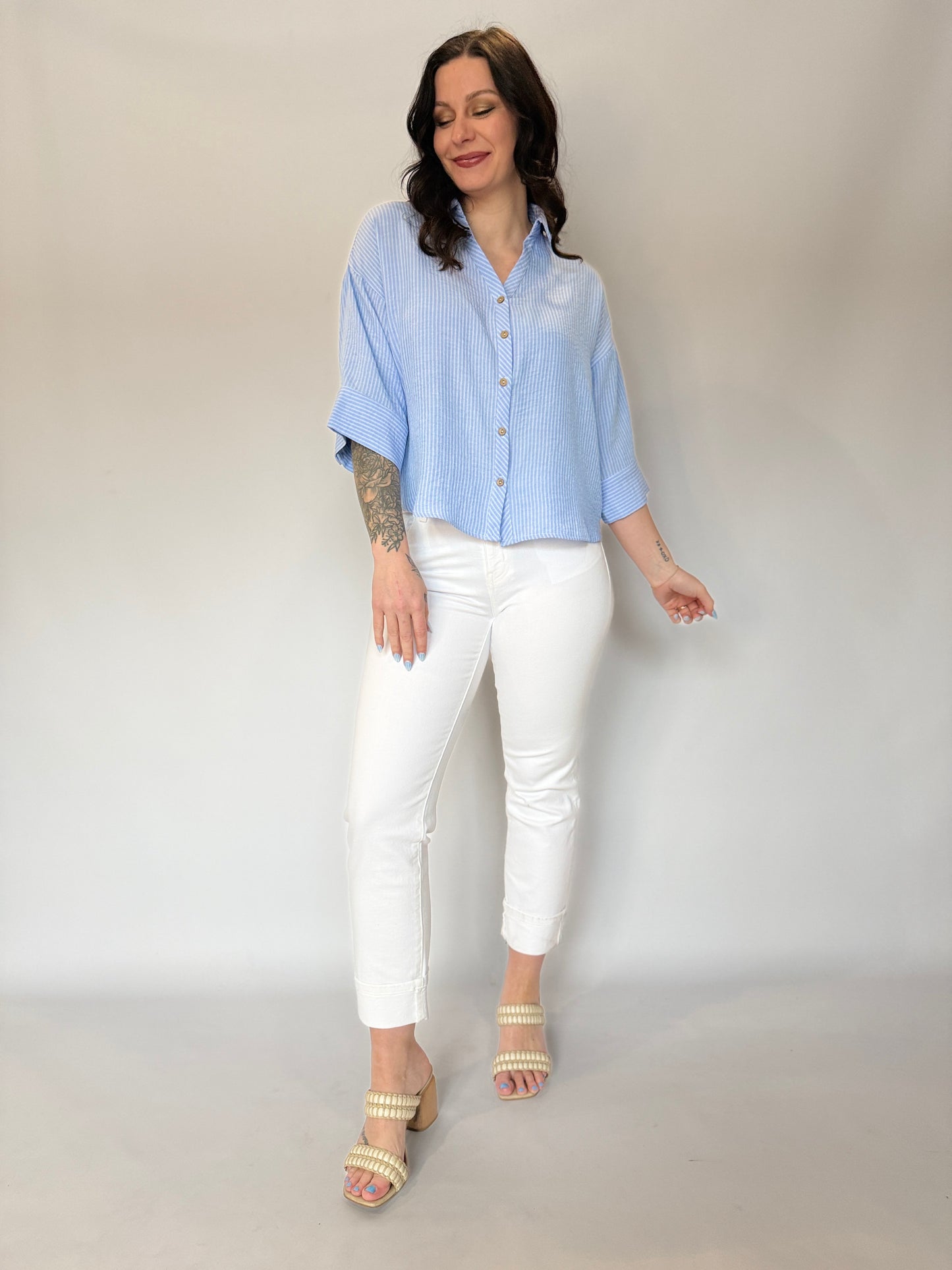 Textured Stripe Button Down Top Blue
