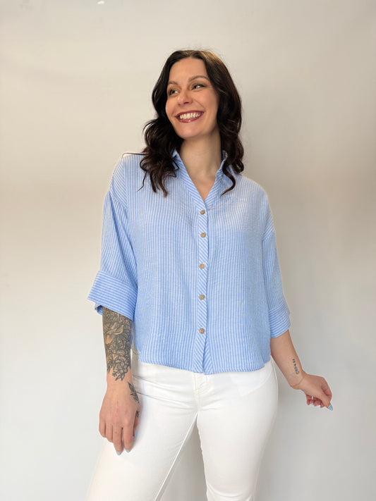 Textured Stripe Button Down Top Blue