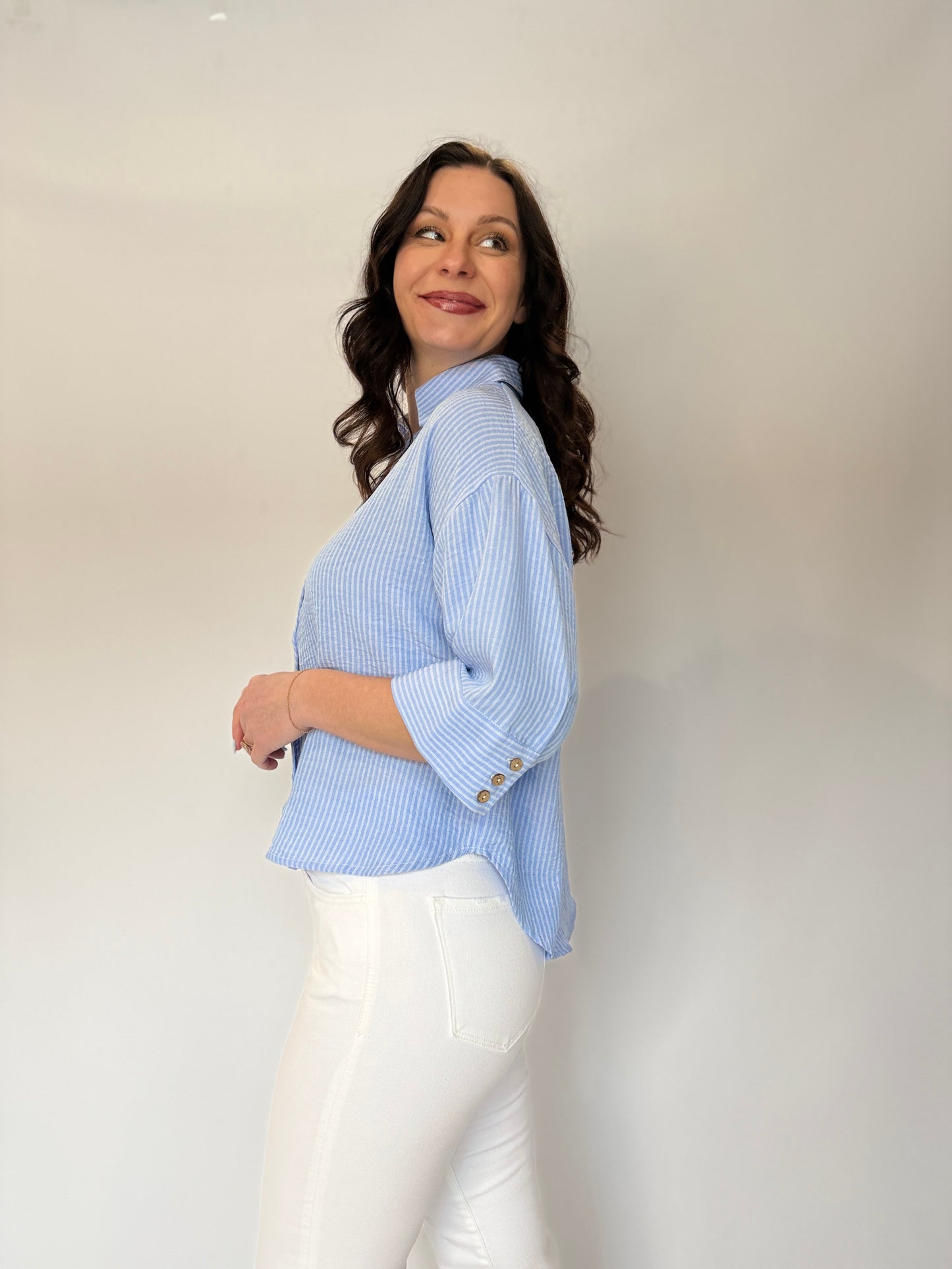 Textured Stripe Button Down Top Blue