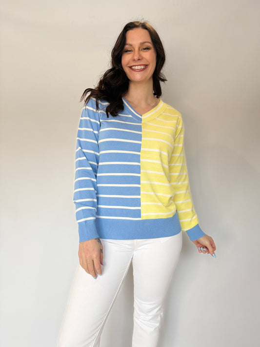 V-Neck Stripe Split Sweater Sky