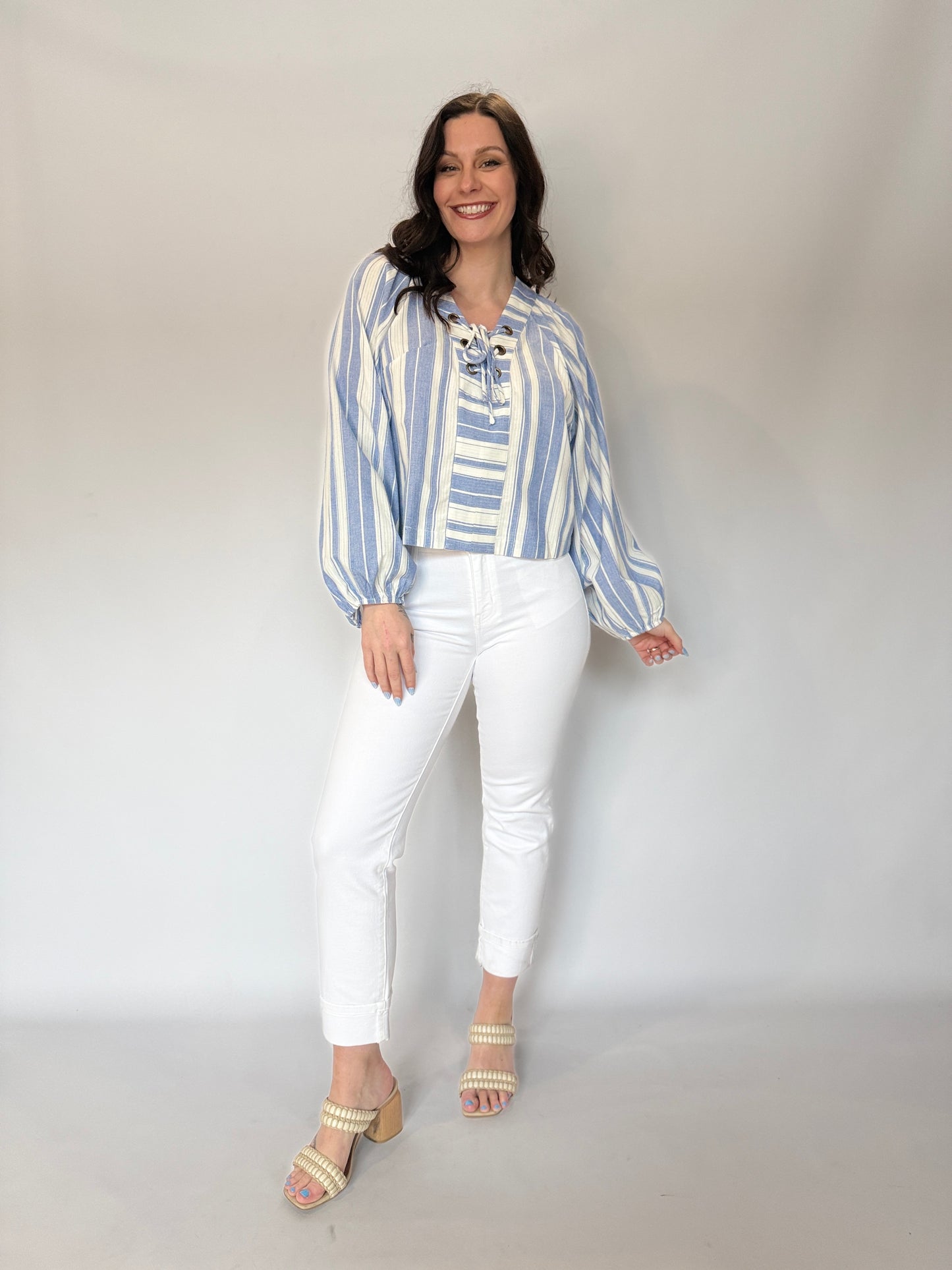 V-Neck Lace Up Stripe Top Blue