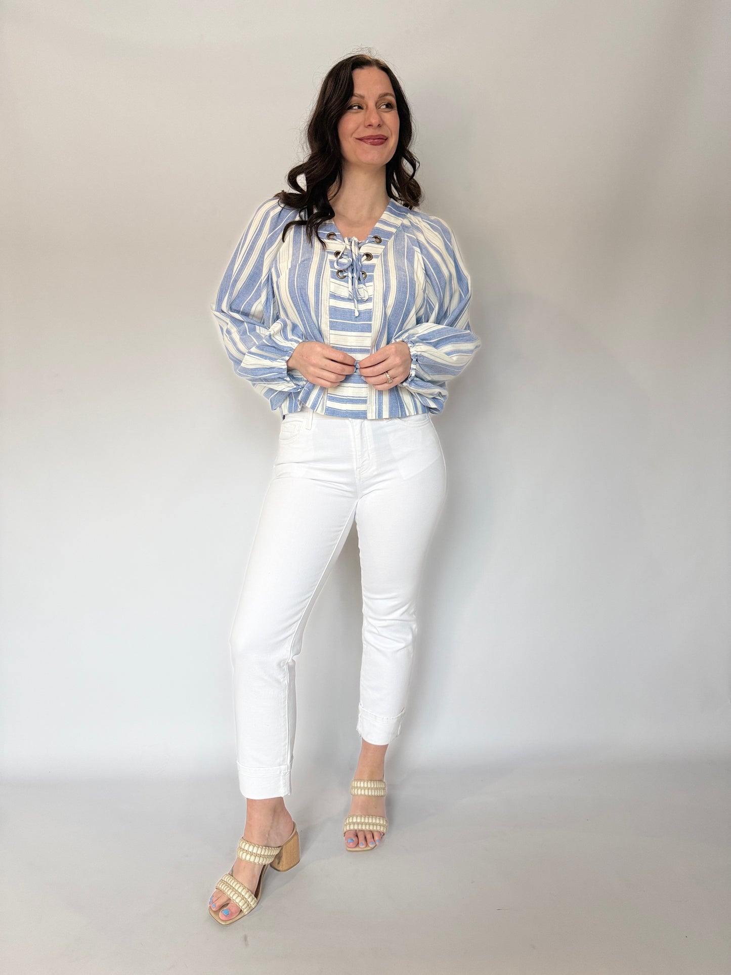 V-Neck Lace Up Stripe Top Blue
