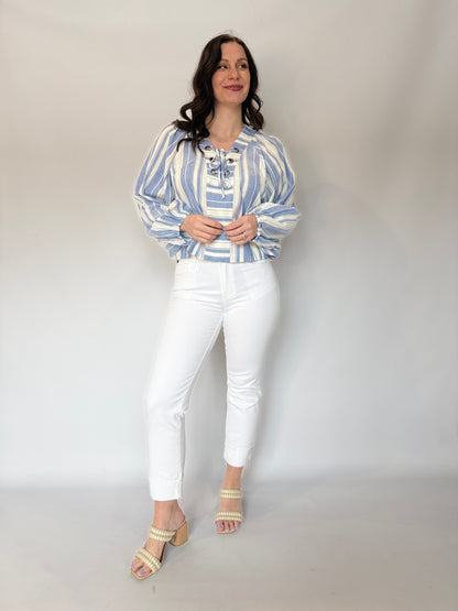 V-Neck Lace Up Stripe Top Blue