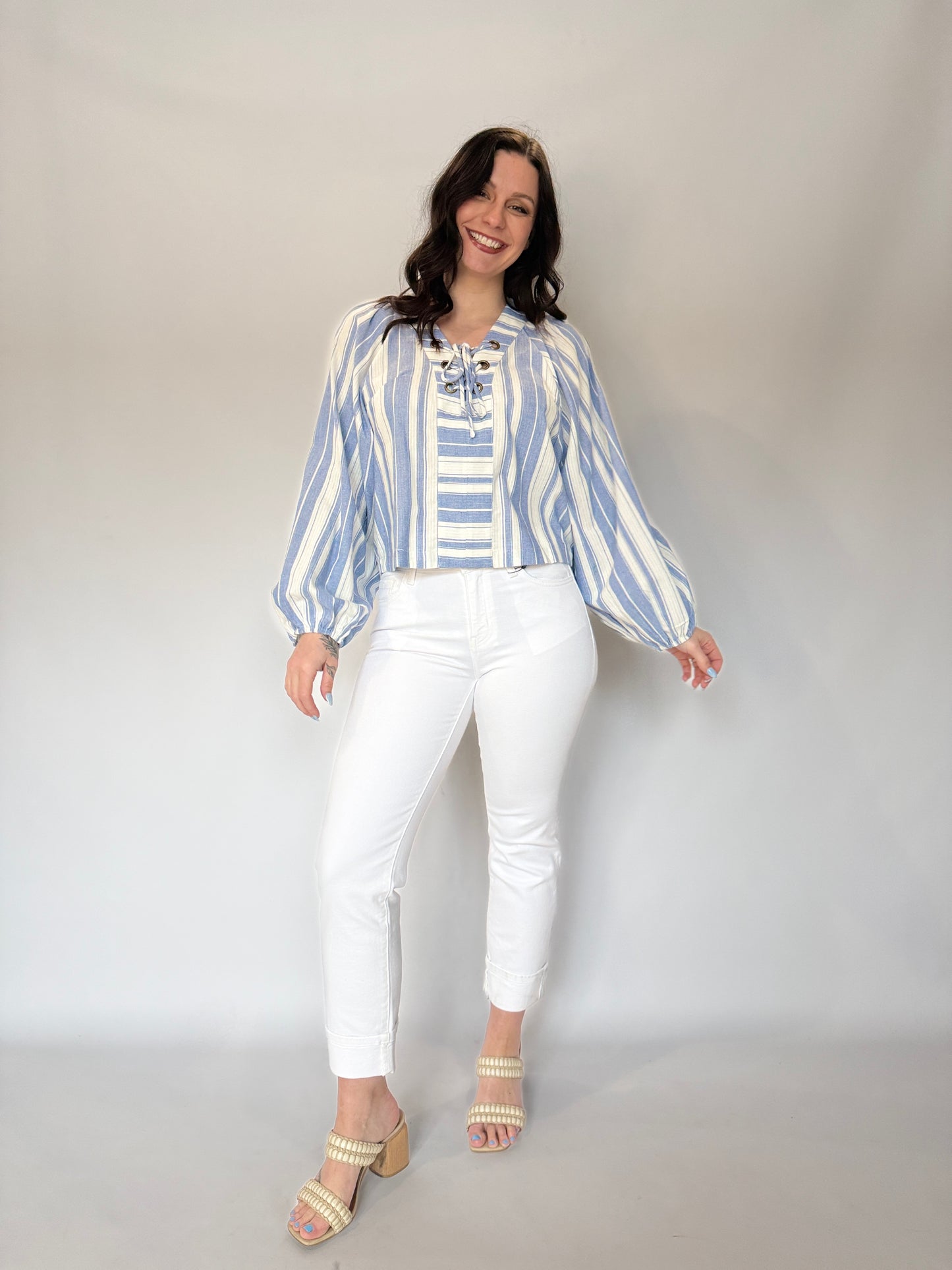 V-Neck Lace Up Stripe Top Blue