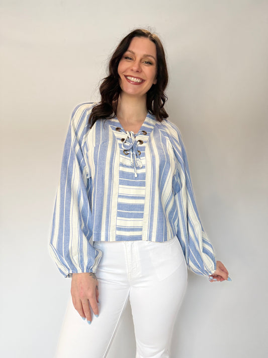 V-Neck Lace Up Stripe Top Blue