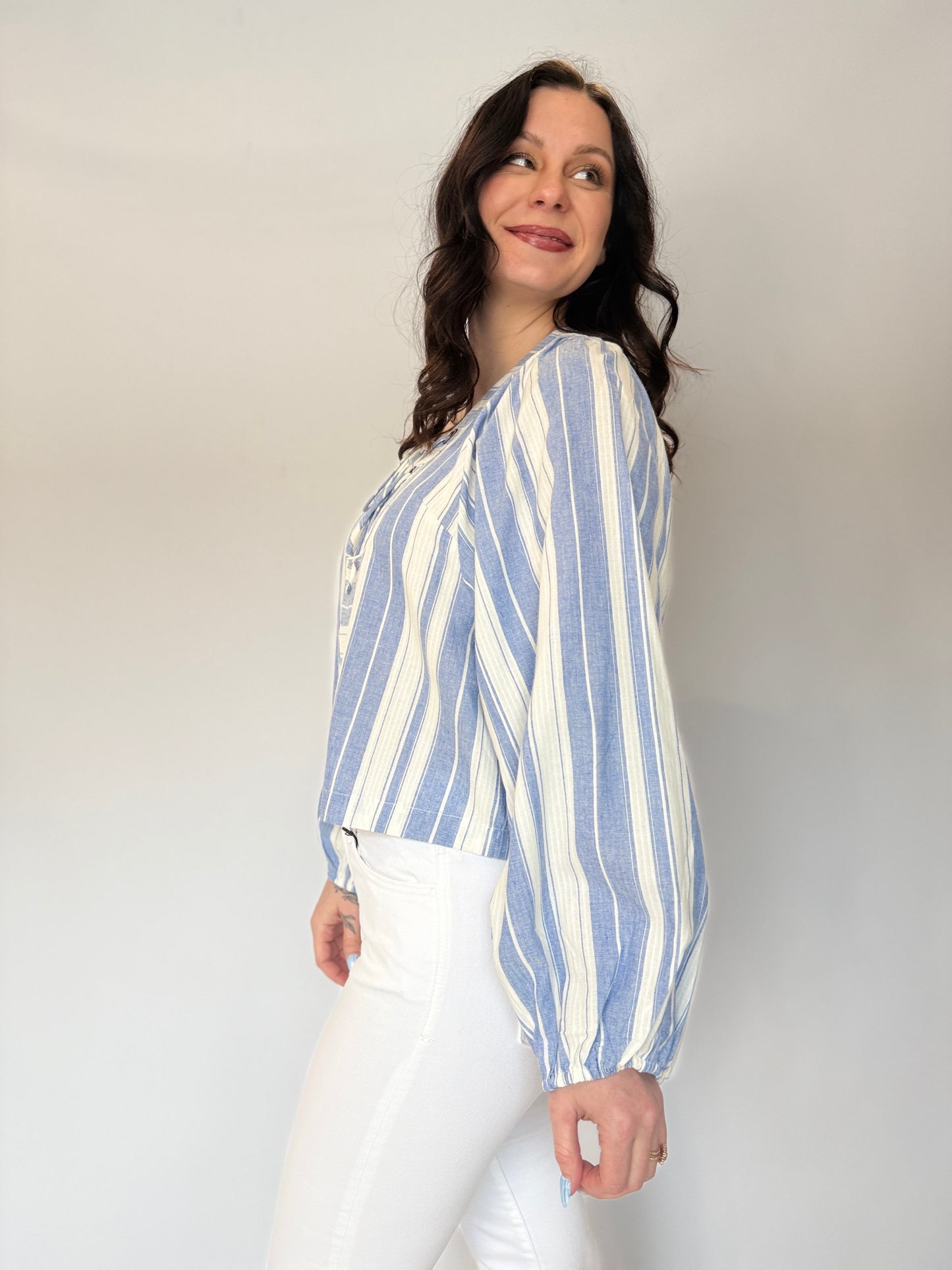 V-Neck Lace Up Stripe Top Blue