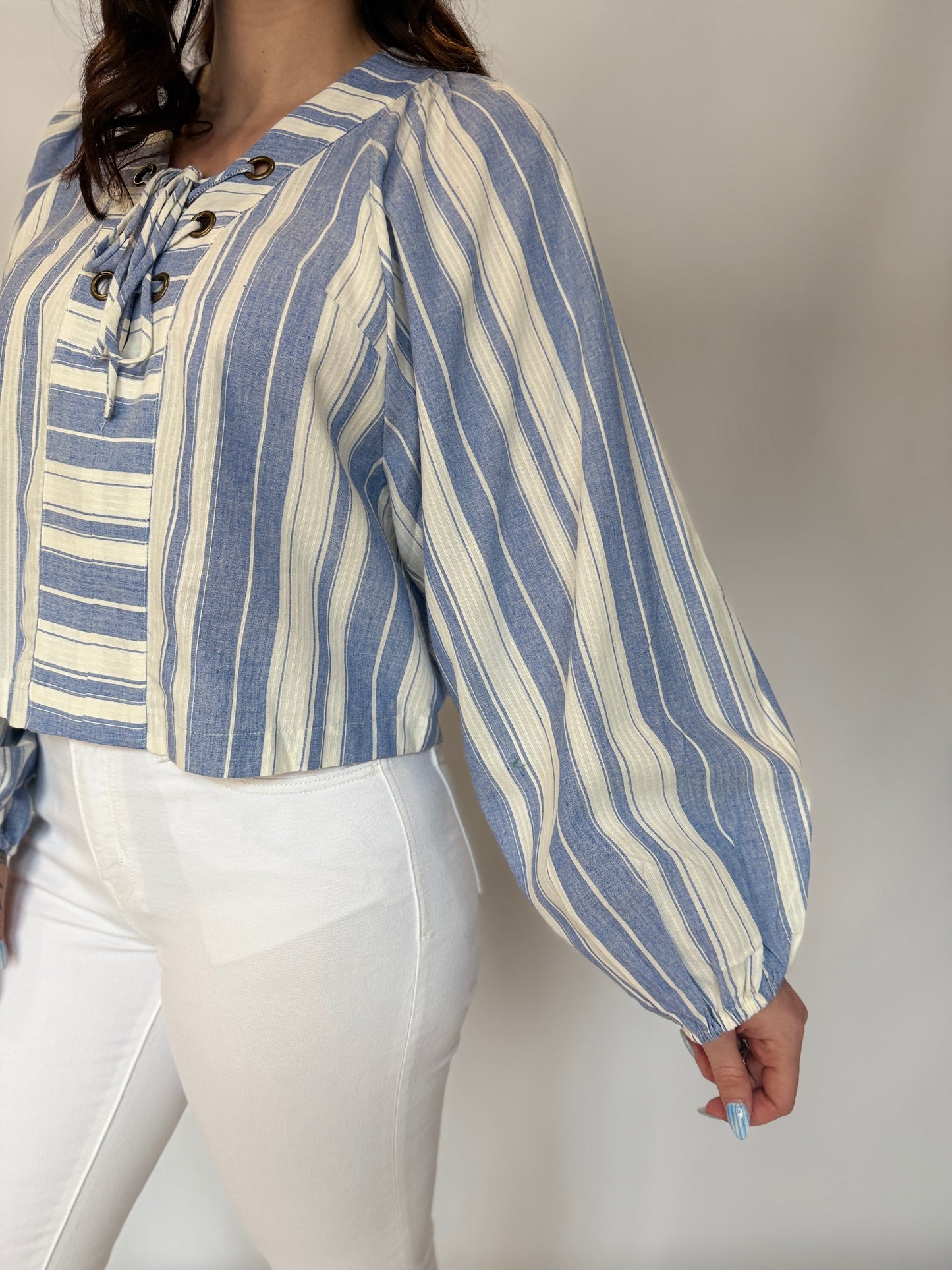 V-Neck Lace Up Stripe Top Blue